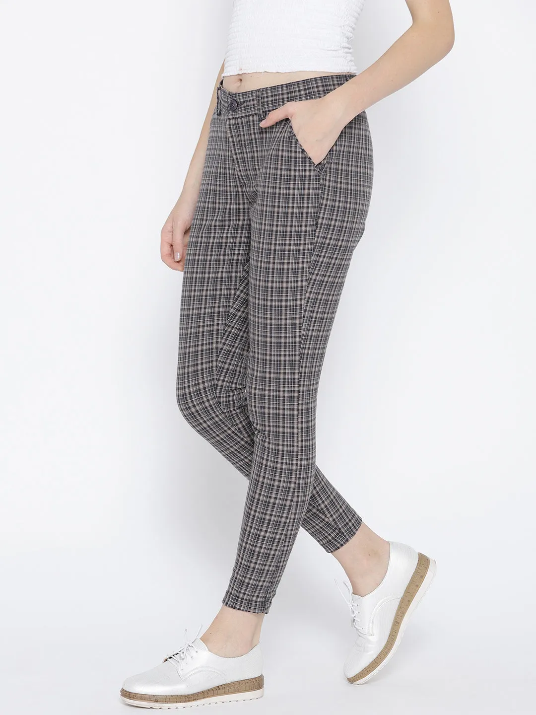 Women Grey Checked Regular Trousers