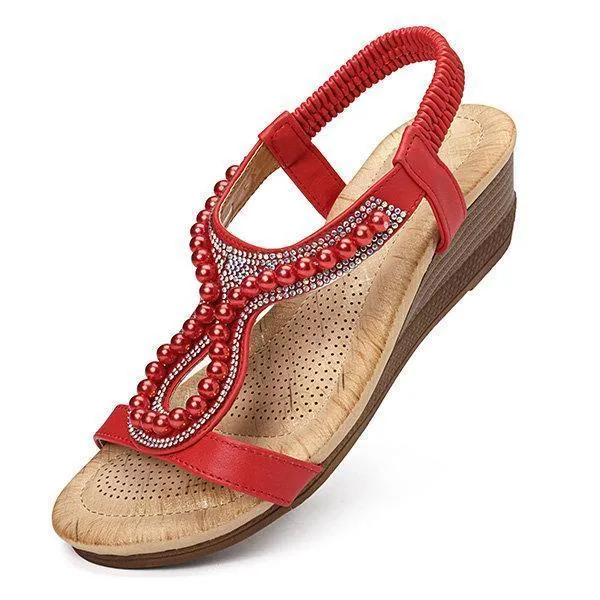 Women pearl rhinestone elastic wedges sandals