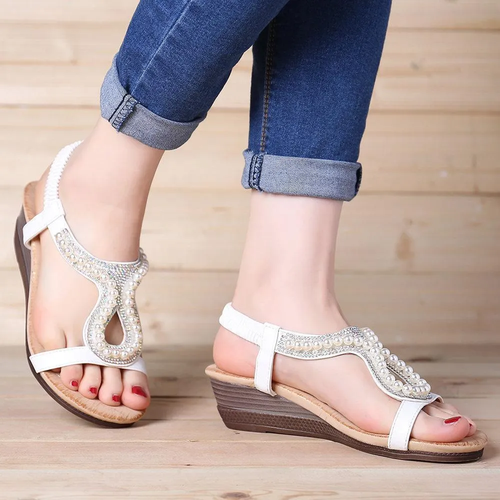 Women pearl rhinestone elastic wedges sandals