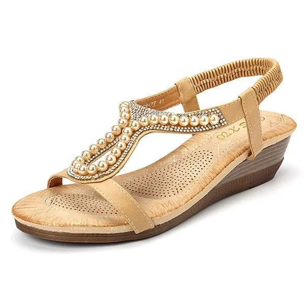 Women pearl rhinestone elastic wedges sandals