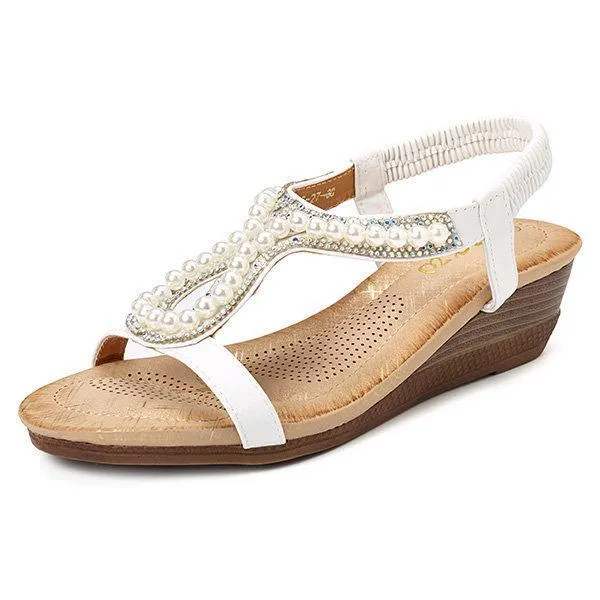 Women pearl rhinestone elastic wedges sandals