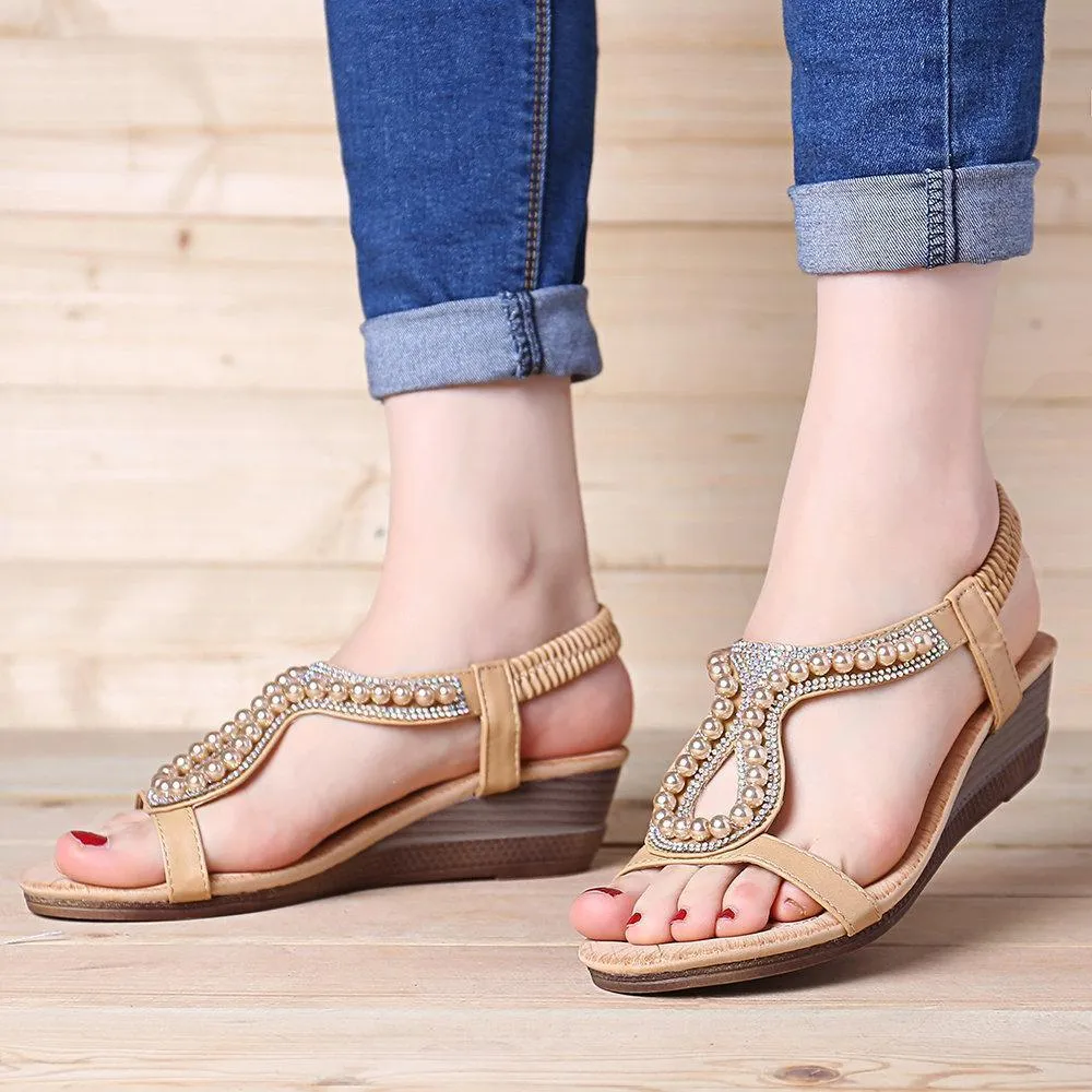 Women pearl rhinestone elastic wedges sandals