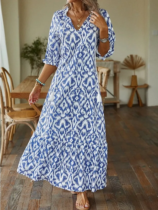 Women's A Line Dress Maxi long Dress Purple Half Sleeve Print Ruched Print Spring Summer V Neck Casual Vacation 2023 3XL