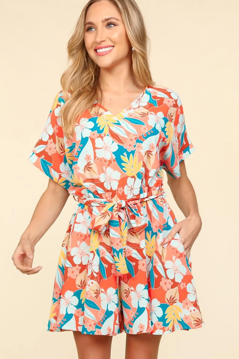 Women's Haptics Tropical Floral Short Sleeve Tied Romper