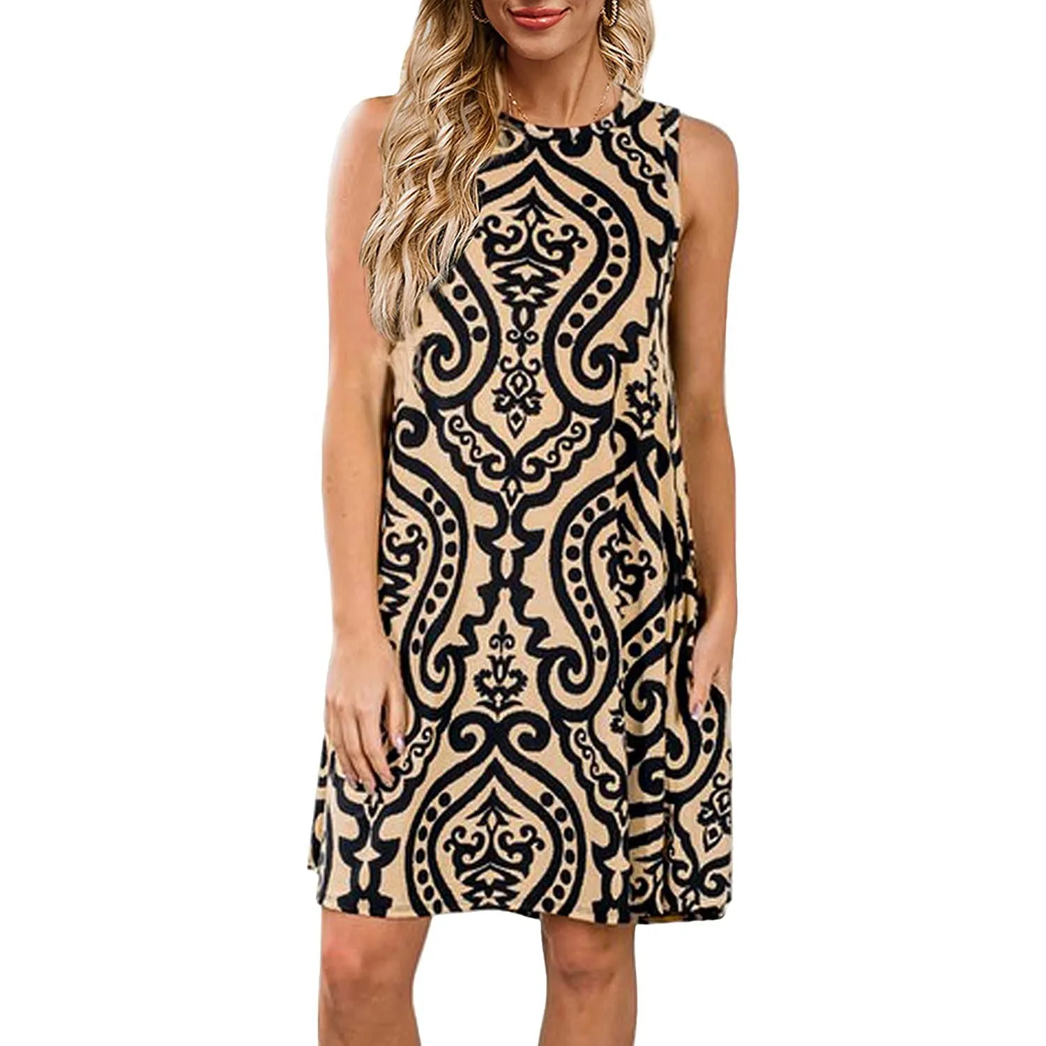 Women's Summer Sleeveless Damask Print Pocket Loose T-Shirt Cover Up Dress