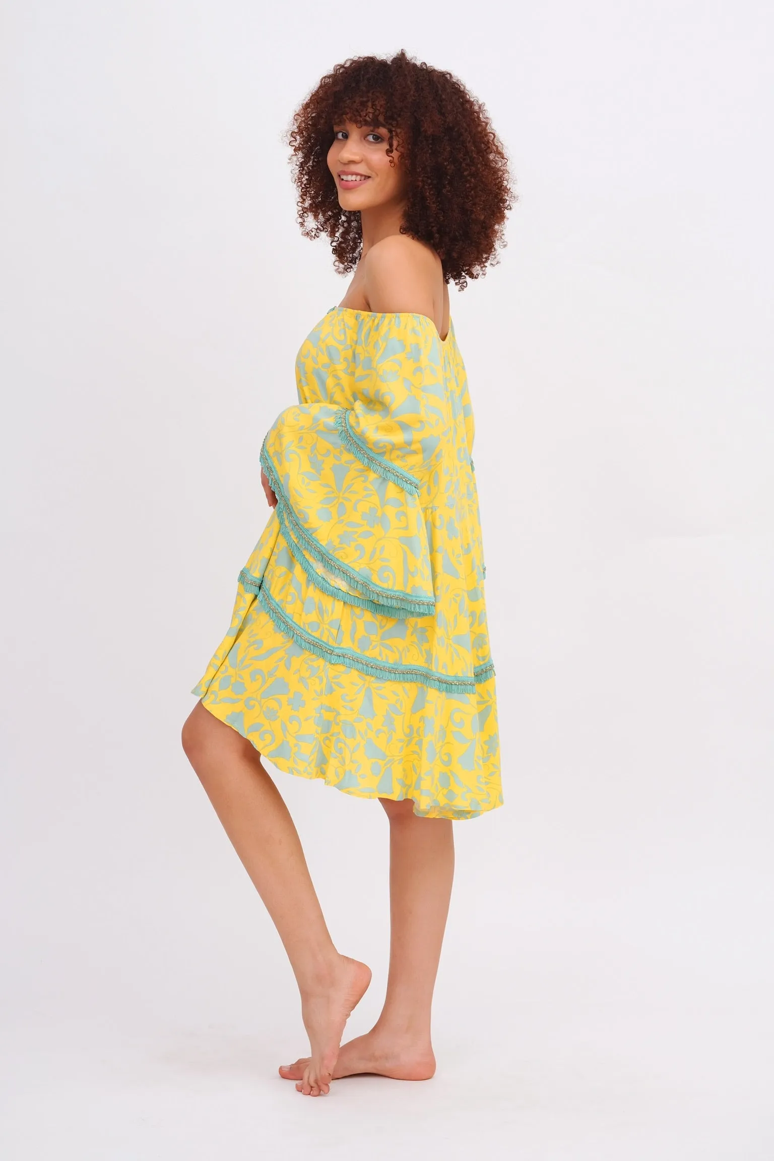 Yellow & Aqua Off the Shoulder Dress