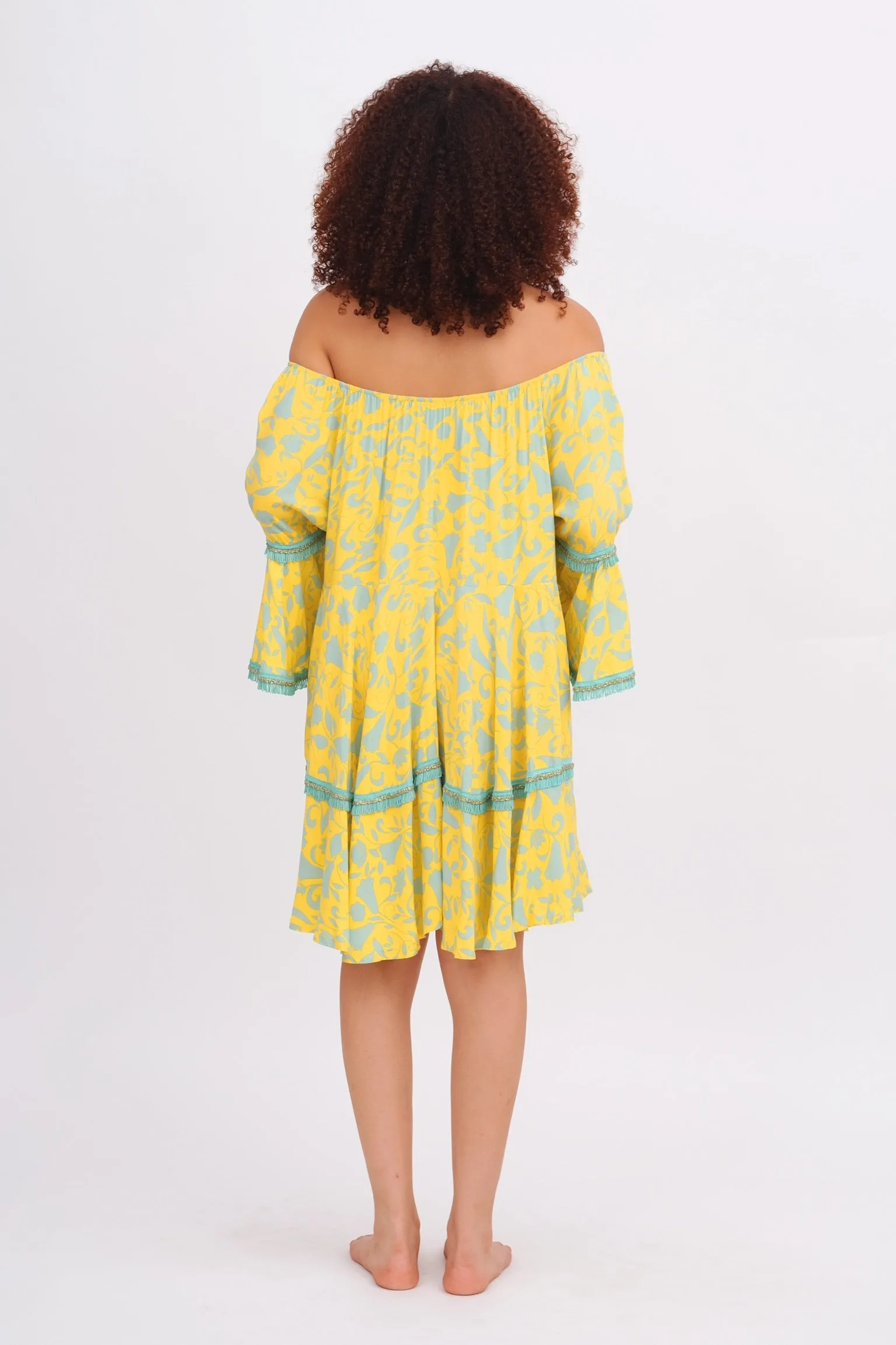 Yellow & Aqua Off the Shoulder Dress