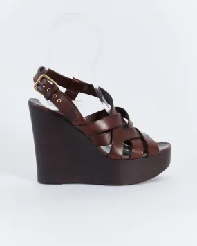 Yves Saint Laurent platform wood & leather wedges, brown, 37