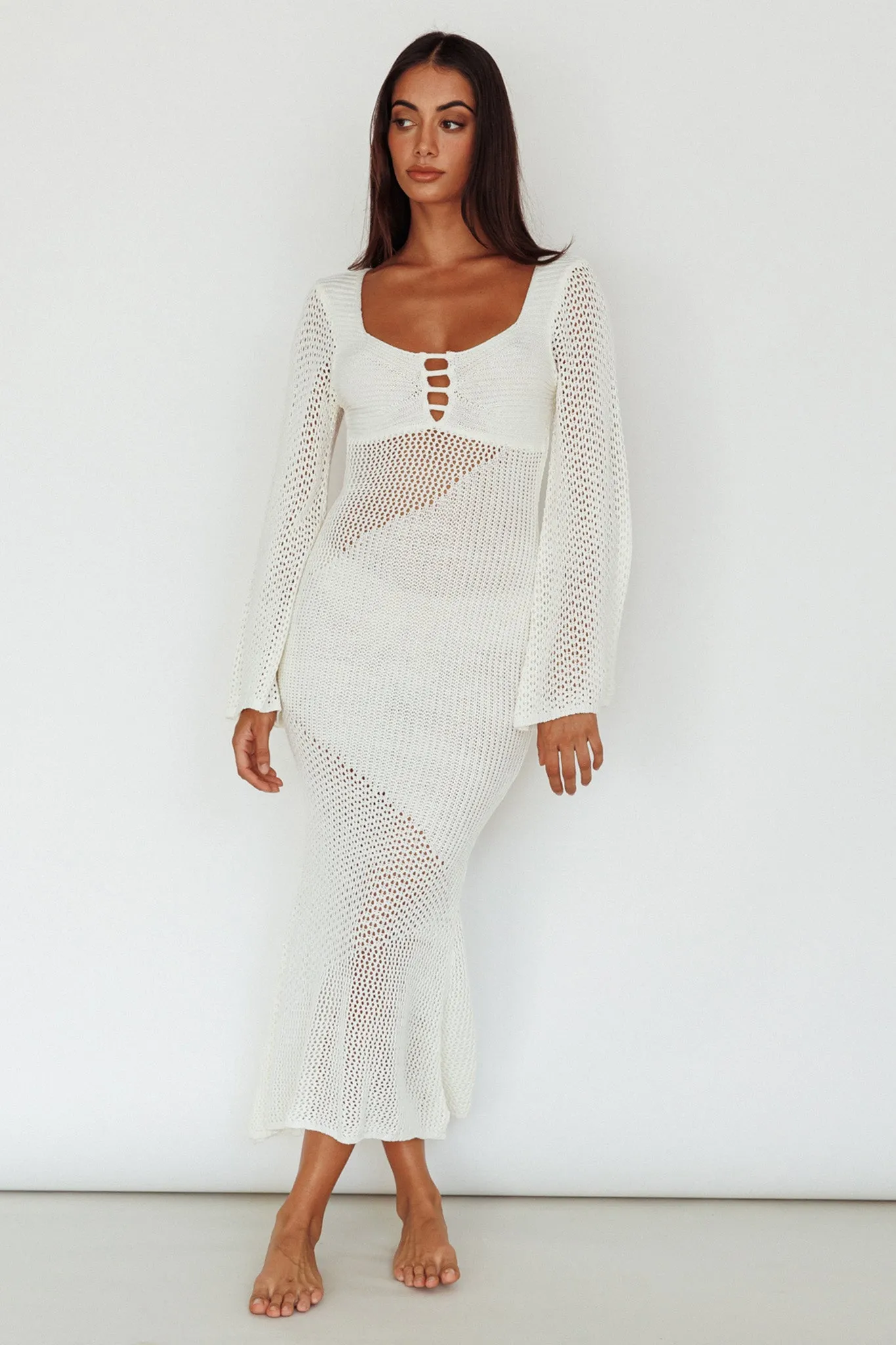 Zizi Long Sleeve Crochet Maxi Dress White